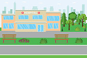 Hospital building and park near,flat vector illustration