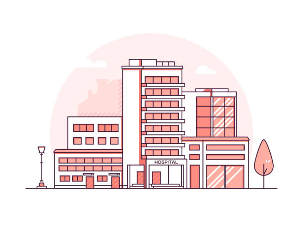 Hospital building - modern thin line design style vector illustration Hospital building - modern thin line design style vector illustration on white urban background. Red colored high quality composition with facade of medical center, lantern, tree. City architecture hospital building stock illustrations