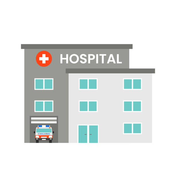 Hospital building with ambulance car, Health and Medical. Isolated on white background. Vector illustration Hospital building with ambulance car, Health and Medical. Isolated on white background. Vector illustration. Icon hospital cartoon stock illustrations