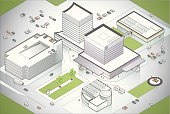 A large, modern hospital seen in aerial view. Includes high-quality JPEG and EPS10 with transparencies. See more healthcare illustrations.