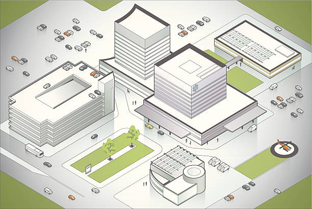 Hospital Campus Illustration A large, modern hospital seen in aerial view. Includes high-quality JPEG and EPS10 with transparencies. See more healthcare illustrations. college campus stock illustrations