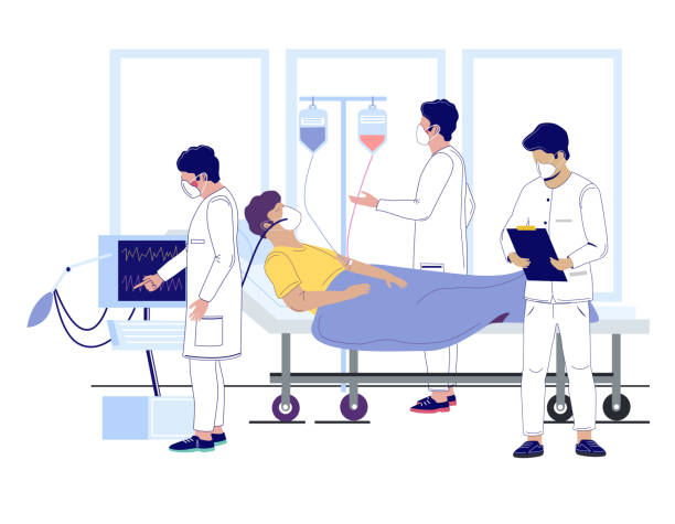 ilustraciones, imágenes clip art, dibujos animados e iconos de stock de tratamiento del virus corona hospitalaria, ilustración plana vectorial - patient in hospital bed