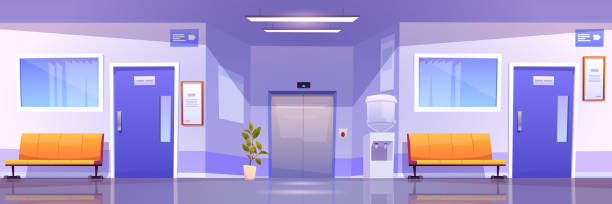 Hospital corridor interior, medical clinic hall Hospital corridor interior, medical clinic hall. Vector cartoon illustration of empty waiting hallway in hospital with chairs, doors to wards, water cooler and elevator hospital cartoon stock illustrations