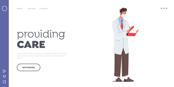 Hospital Healthcare Staff at Work. Medicine Profession Landing Page Template. Doctor Character in Medical Robe and Mask