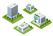 Hospital Isometric 3d Building Health Urban of architecture Infrastructure ambulance and modern house concept icon