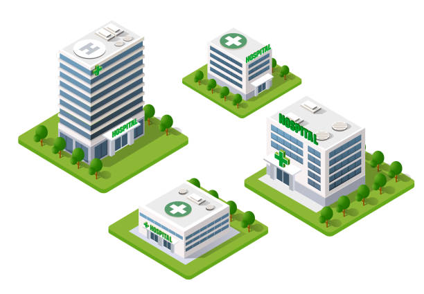 Hospital Isometric 3d Building Hospital Isometric 3d Building Health Urban of architecture Infrastructure ambulance and modern house concept icon hospital building stock illustrations