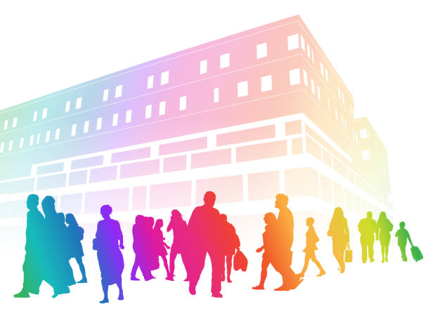 Hospital Outside Crowd Rainbow Crowd of anonymous people walking around a building in rainbow coloured silhouettes hospital silhouettes stock illustrations