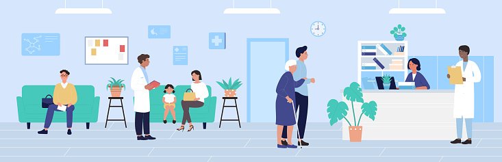 Hospital reception vector illustration, cartoon flat patient characters waiting doctors appointment, healthcare medicine office background