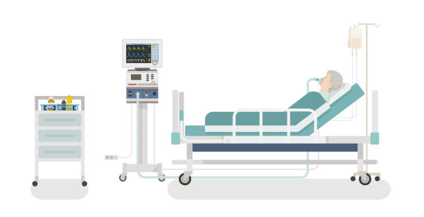 hospital room Inside the hospital room: a patient lying in bed with a ventilator patient in hospital bed stock illustrations