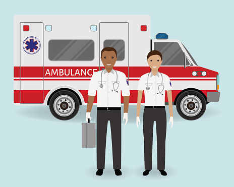 Hospital staff concept. Paramedics ambulance team on ambulance car background. Emergency medical service employee.
