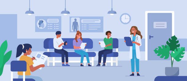 hospital People characters sitting on chairs and waiting appointment time in medical hospital. Doctor inviting next patient in cabinet. Man and woman in queue at the clinic. Flat cartoon vector illustration. hospital cartoon stock illustrations