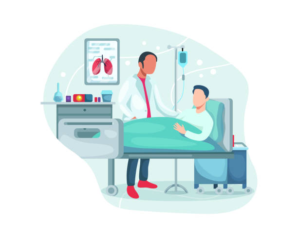 Hospitalization of the patient Doctor check patient health condition. Doctors treating the patient, Hospitalization of the patient. Doctor's visit to ward of patient man lying in a medical bed. Vector illustration in a flat style patient in hospital bed stock illustrations