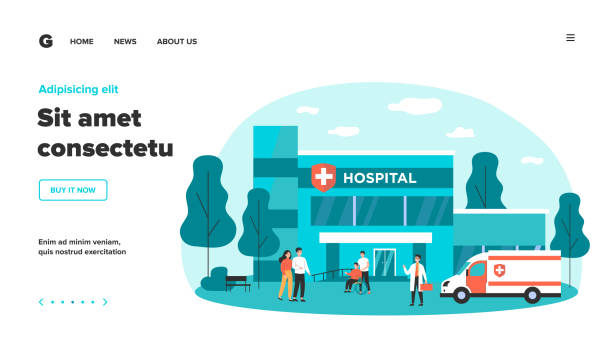 Hospitalized patients and doctors near hospital Hospitalized patients and doctors near hospital flat vector illustration. Cartoon people in front of medical building. Emergency and healthcare concept hospital building stock illustrations