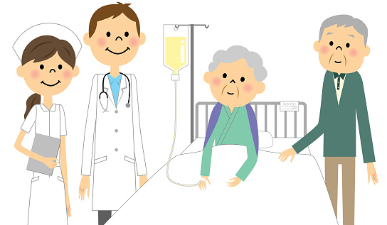 An illustration of a hospitalized senior citizen. 