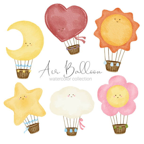 Hot air balloon designs in various watercolor styles for graphic designers to use for artworks vector art illustration