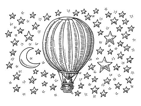 Hot Air Balloon Flying To The Moon And Stars Drawing