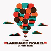 Your language travel starts here. Poster design with hot air balloon made of speech bubbles.