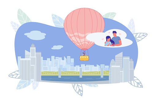 Hot Air Balloon Ride over City, Couple in Love.