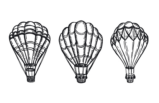 Hot air balloons flying, Hand drawn illustration.