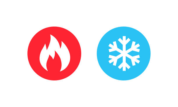 Hot and cold icon. Fire and snowflake sign. Heating and cooling button. Vector EPS 10. Isolated on white background Hot and cold icon. Fire and snowflake sign. Heating and cooling button. Vector EPS 10. Isolated on white background heat temperature stock illustrations