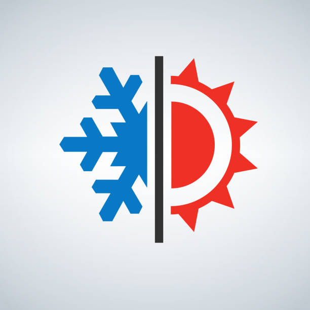 simbol panas dan dingin matahari dan kepingan salju - panas suhu ilustrasi stok
