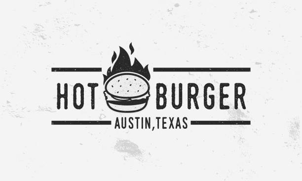hot burger - логотип, плакат или шаблон баннера. винтажный плакат для ресторана дизайна меню, кафе или фаст-фуда. иллюстрация вектора - burger stock illustrations