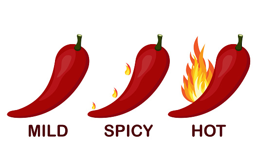Hot chili pepper level labels. Vector spicy food soft and very spicy sauce, red chili pepper