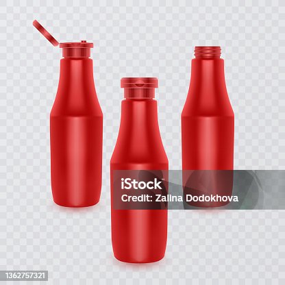 istock Hot chili sauce bottle, Set of red bottles for sauce for mock up. Vector illustration 1362757321