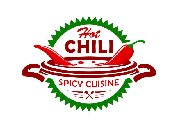 Hot chili spicy cuisine emblem Vector emblem with red chili pepper boiling in soup. Hot spicy cuisine stylized icon. chili pepper stock illustrations