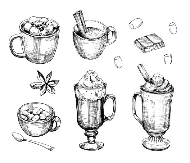 sıcak çikolata lı içecek. anahat. vektöre dönüştürülen elle çizilmiş illüstrasyon. beyaz arka planda yalıtılmış - cocoa stock illustrations