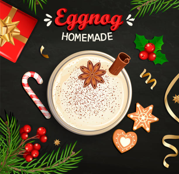 Hot Christmas Eggnog, homemade mulled wine, grog. Hot Christmas Eggnog, homemade mulled wine, grog. Cocktail with milk,cinnamon and clove stars. Cozy mug with egg nog surrounded by gift, candy cane, gingerbread, cookie, top view. Vector illustration. eggnog stock illustrations