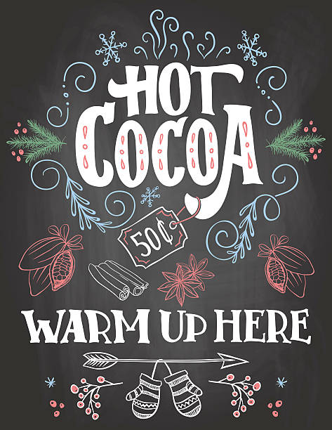 gorący znak kakao na tle tablicy - cocoa stock illustrations