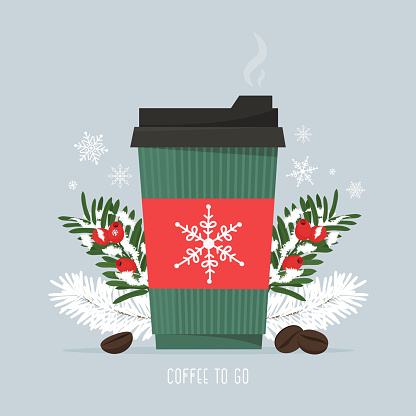 Hot coffee in a paper Cup, with coffee beans and christmas pine branches. Snowfall season. Hot drink, coffee to go. Vector illustration in flat style.
