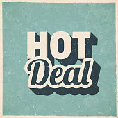 Icon of "Hot Deal" in a trendy vintage style. Beautiful retro illustration with old textured paper and a black long shadow (colors used: blue, green, beige and black). Vector Illustration (EPS10, well layered and grouped). Easy to edit, manipulate, resize or colorize. Vector and Jpeg file of different sizes.