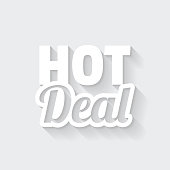 White icon of "Hot Deal" in a flat design style isolated on a gray background and with a long shadow effect. Vector Illustration (EPS10, well layered and grouped). Easy to edit, manipulate, resize or colorize. Vector and Jpeg file of different sizes.