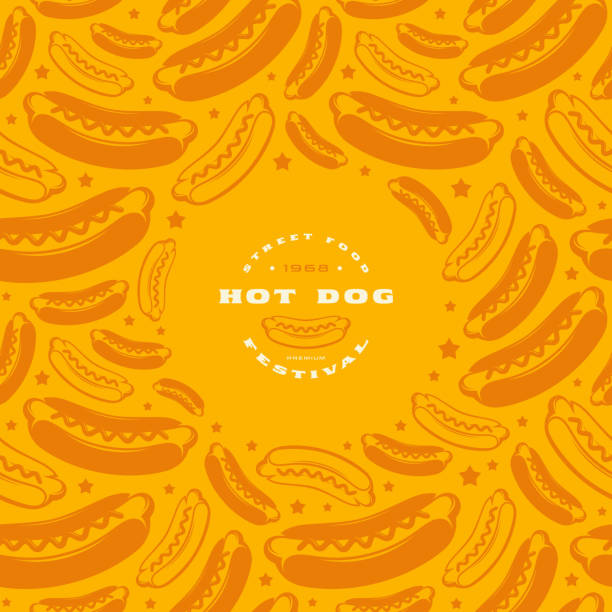 Hot dog label and frame with pattern Hot dog label and frame with pattern. Print on orange background hot dog stock illustrations
