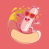 Hot Dog Surf vector illustration. Food, sport, funny, brand design concept.