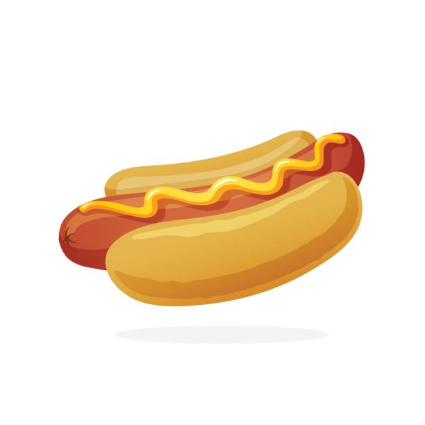 Hot dog with mustard Vector illustration in flat style. Hot dog with mustard. Sausage in a bun. Unhealthy food. Sticker in cartoon style with contour. Decoration for patches, prints for clothes, badges, posters, emblems, menus hot dog stock illustrations