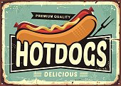 Retro sign with delicious hotdog and creative typo. Food vector comic style illustration.