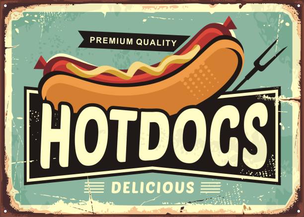 Hot dogs vintage tin sign idea Retro sign with delicious hotdog and creative typo. Food vector comic style illustration. hot dog stock illustrations