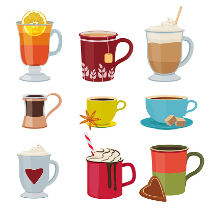 Hot drinks. Warm mugs tea coffee cocoa mulled wine vector collection cartoon pictures
