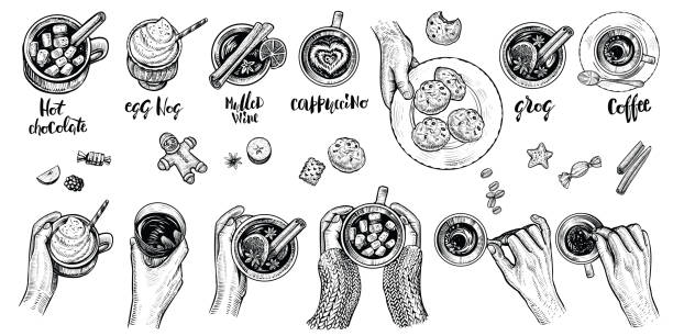 Hot drinks with holding hands top view, vector illustration. Set of hand drawn beverages. Hot drinks with holding hands top view, vector illustration. Winter or autumn cold season beverages: hot chocolate, coffe, mulled wime, egg nog, cappuccino, grog and cookies. Hygge style drawing. eggnog stock illustrations