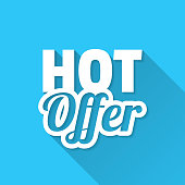 White icon of "Hot Offer" in a flat design style isolated on a blue background and with a long shadow effect. Vector Illustration (EPS10, well layered and grouped). Easy to edit, manipulate, resize or colorize. Vector and Jpeg file of different sizes.