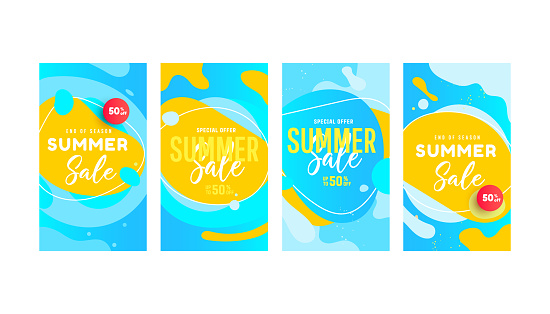 Hot summer sale editable template set with fluid liquid elements and bubble forms for social networks stories, banner, flyer, invitation, poster, website or greeting card.