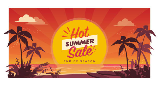 Hot summer sale promotional banner with tropical beach Promotional hot summer sale banner with tropical beach at sunset, seasonal shopping concept the end stock illustrations