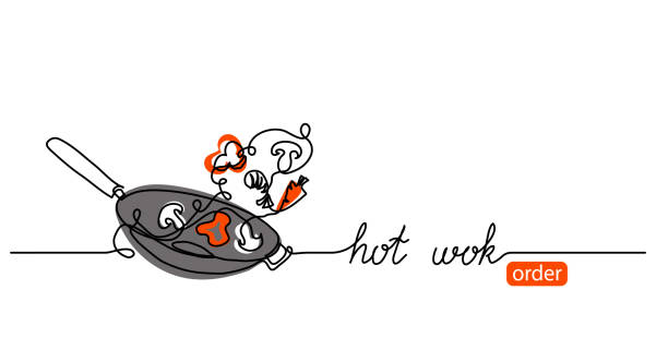hot wok minimalistischen vektor web-banner, hintergrund, poster. eine durchgehende linienzeichnung mit text hot wok - asiatischer koch stock-grafiken, -clipart, -cartoons und -symbole