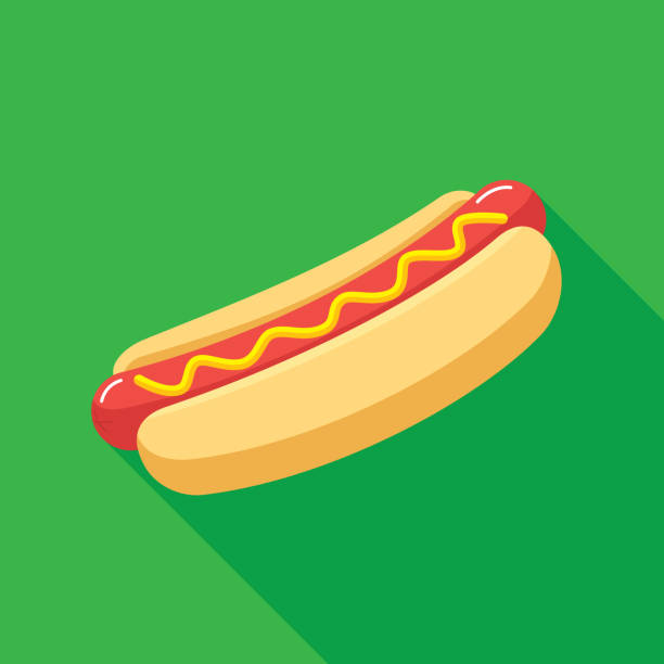 Hotdog Icon Flat Vector illustration of a hotdog against a blue background in flat style. hot dog stock illustrations