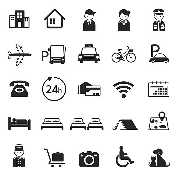 hotel accommodation amenities services icons set a - 床 插圖 幅插畫檔、美工圖案、卡通及圖標