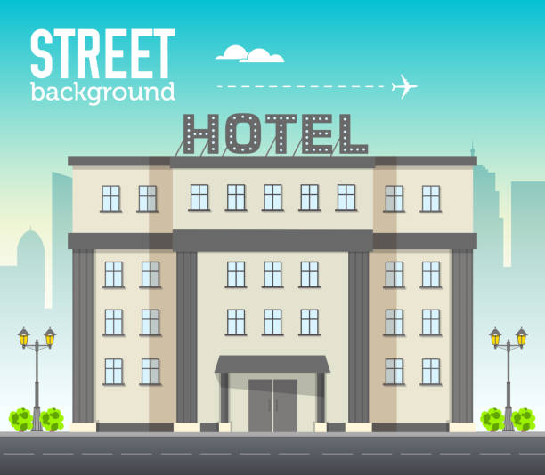 酒店建築在城市空間與道路的平面風格背景概念。向量插畫設計 - 酒店 幅插畫檔、美工圖案、卡通及圖標