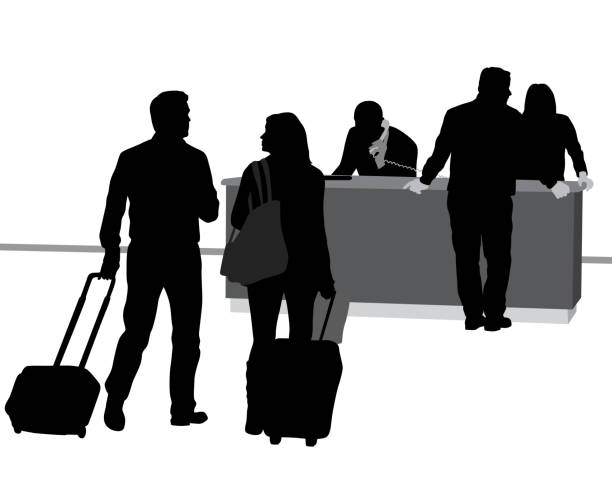 Hotel Check In Concierge Couple arriving at their destination and waiting to check in to their hotel room travel silhouettes stock illustrations